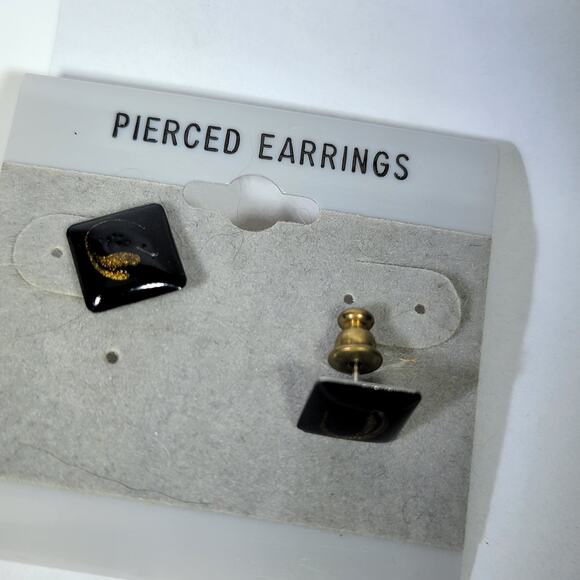 Vintage Black Square Stud Earrings – Gold Swirl Accent, Minimalist Design - Picture 8 of 10